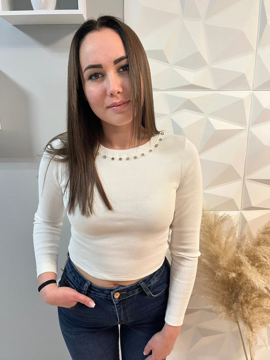 CLASSIC fehér bordázott köves felső