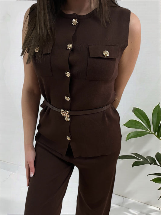 AURA barna elegáns szett-övvel