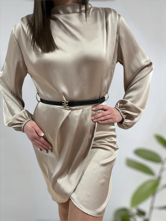 NOVA bézs szatén elegáns ruha