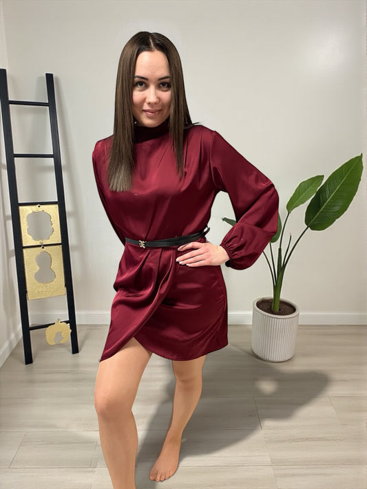 NOVA burgundi szatén elegáns ruha